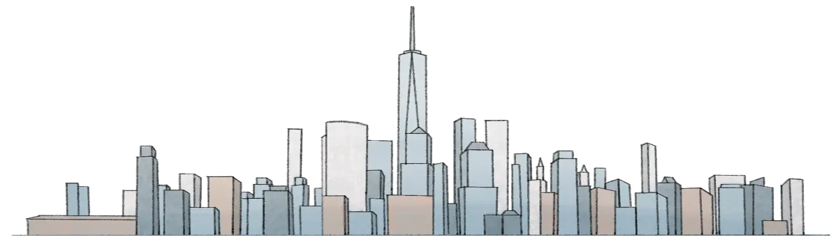 Watercolor drawing of Lower Manhattan skyline, made by Ivy Lin