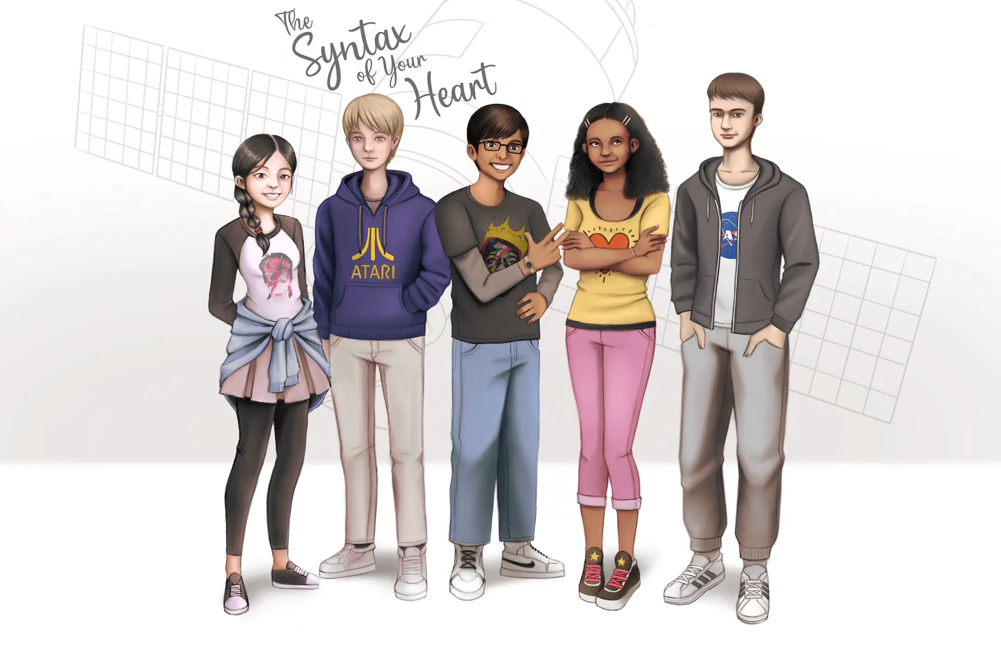 Art for The Syntax of Your Heart - The cast of characters standing next to each other in front of a white background with the faint outline of a satellite