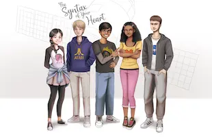 Art for The Syntax of Your Heart - The cast of characters standing next to each other in front of a white background with the faint outline of a satellite