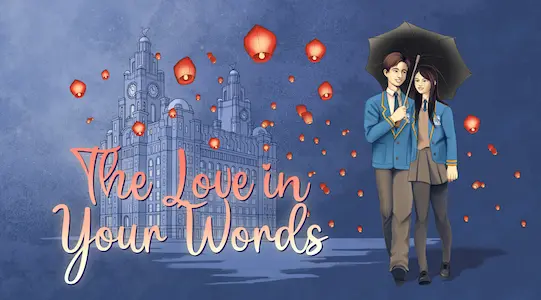 Art for The Love In Your Words - Lena and Alistair walking under and umbrella in front of the Liver Building