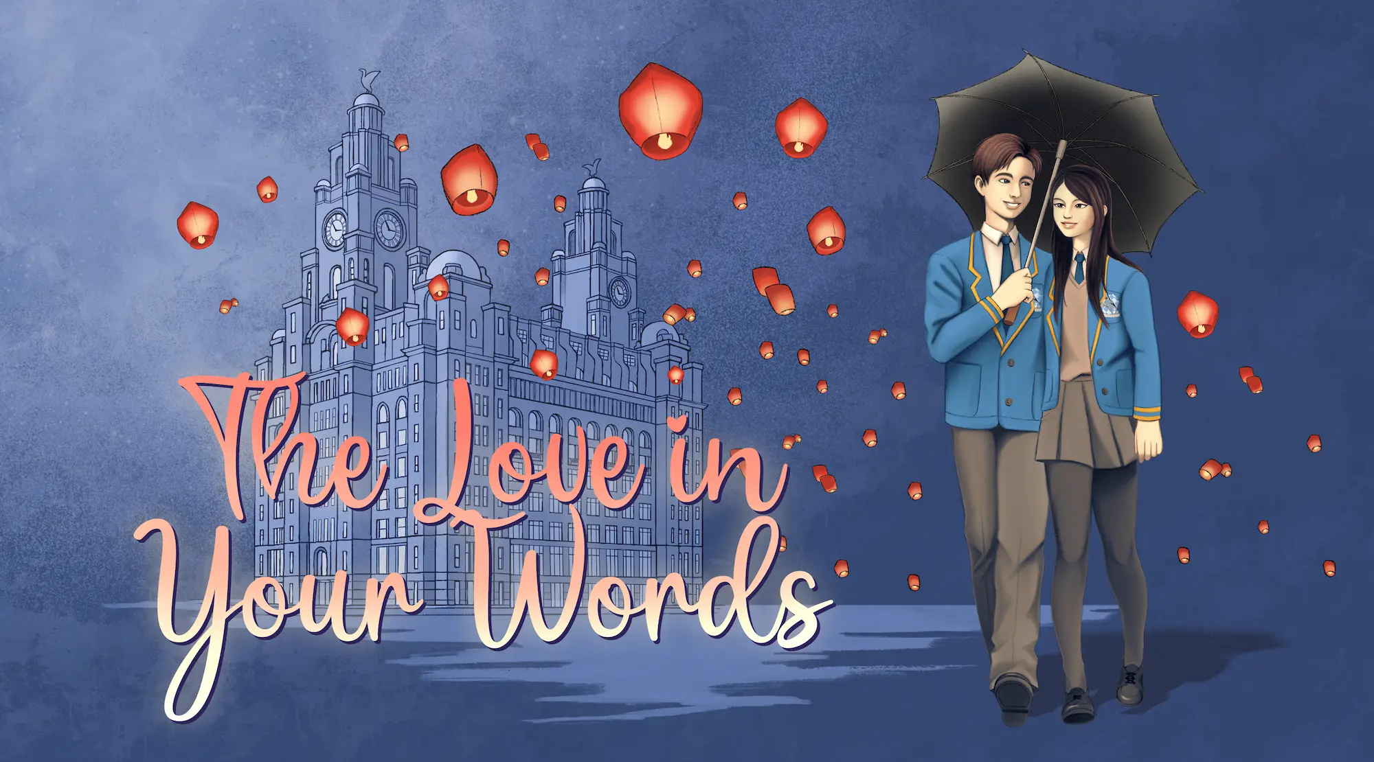 Art for The Love In Your Words - Lena and Alistair walking under and umbrella in front of the Liver Building